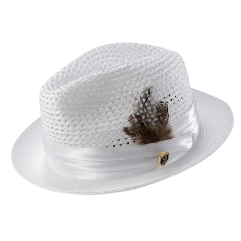 Glossaric Collection: White Solid Color Pinch Braided Fedora With Matching Satin Ribbon Hat