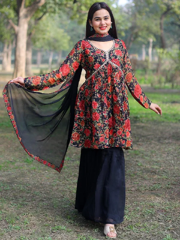 Black Printed Organza A-Line Sharara Suit Set With Dupatta