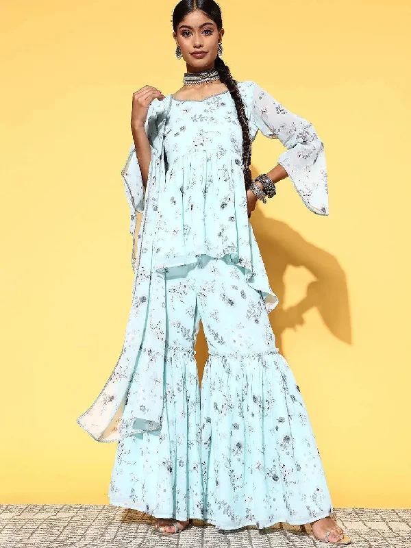 Blue Printed Georgette A-Line Sharara Suit Set With Dupatta