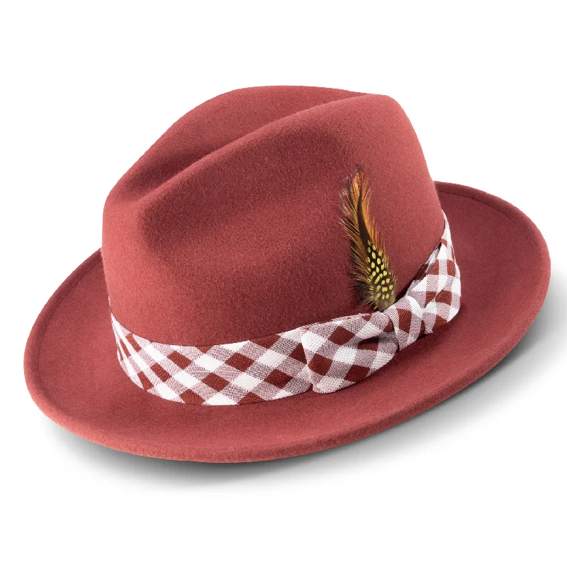 Montique Brick 2 ½" Brim Wool Pinch Fedora With Matching Plaid Ribbon Hat H2362