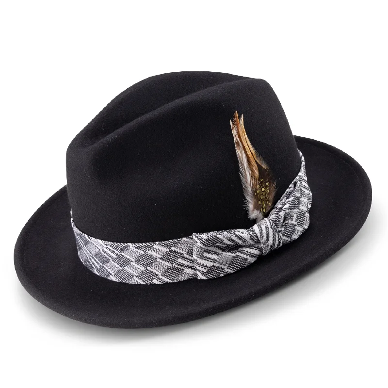 Montique Black 2 ½" Brim Wool Pinch Fedora With Matching Ribbon Hat H2357