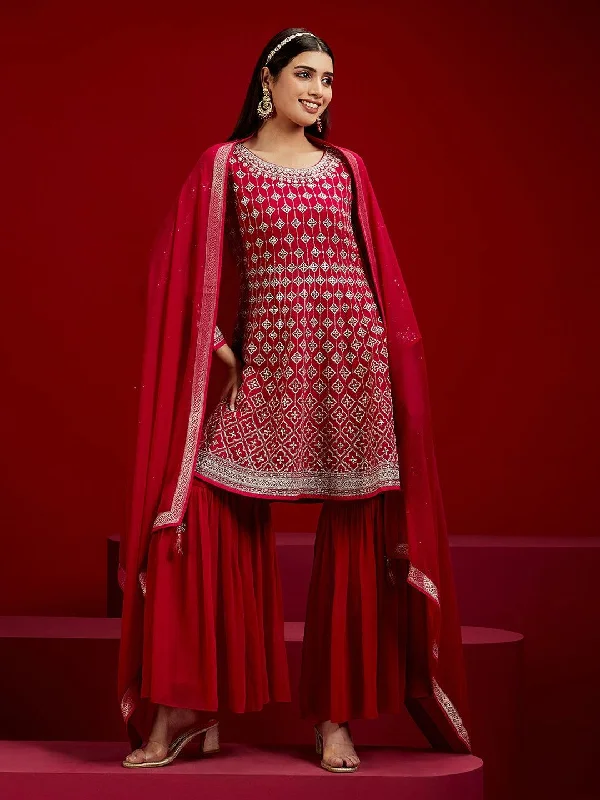 Libas Art Hot Pink Embroidered Georgette A-Line Sharara Suit Set With Dupatta