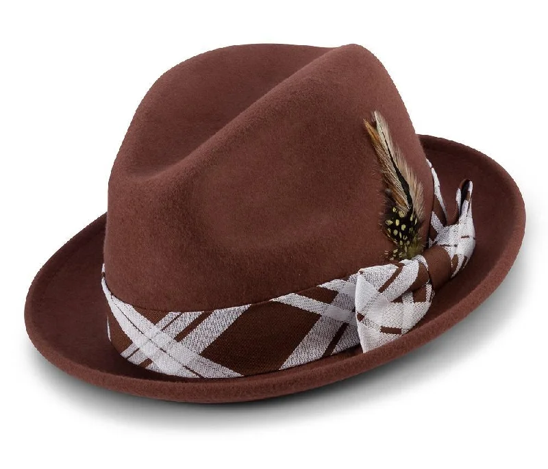 Montique Cognac 2" Brim Matching Plaid Ribbon Wool Felt Dress Hat H-2136