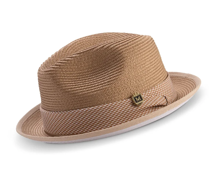 Tan Braided White Bottom Stingy Brim Pinch Fedora Hat H2211