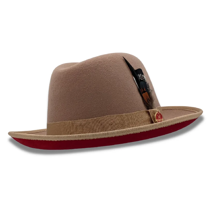 Groovify Collection: Montique Tan 2 3/4" Brim Red Bottom Wool Felt Dress Hat