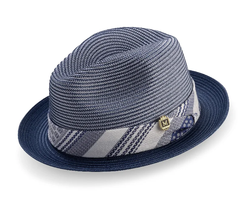 Navy & White Braided Tone On Tone Stingy Brim Pinch Fedora Hat H2209