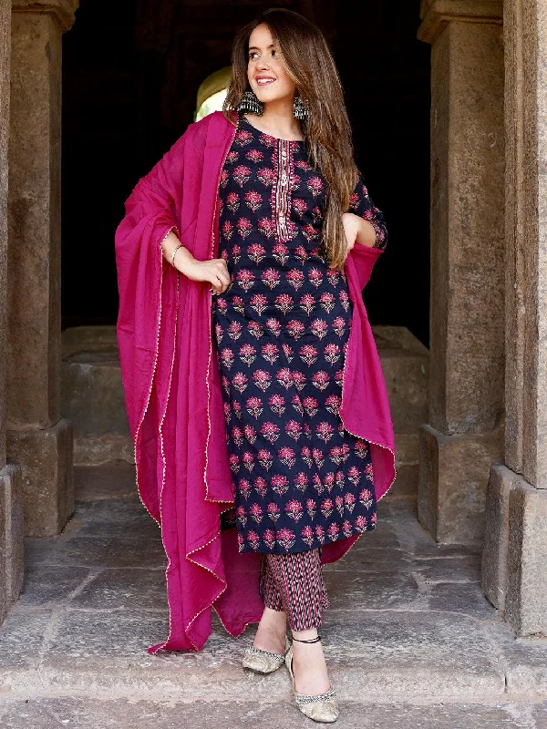 Blue Printed Cotton Straight Suit With Dupatta