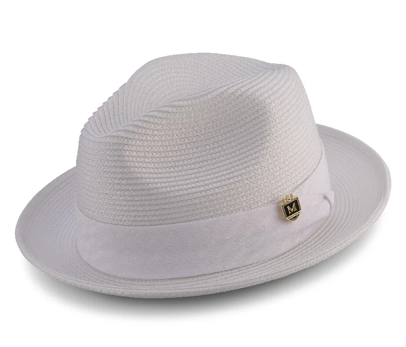Men's Braided Two Tone Snap Brim Pinch Fedora Hat in White H-2054