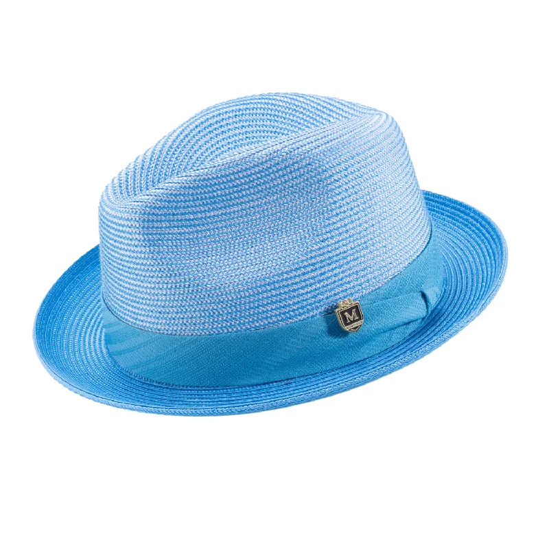 Montique Aqua 2" Brim Pinch Braided Fedora With Matching Ribbon Hat H-2305
