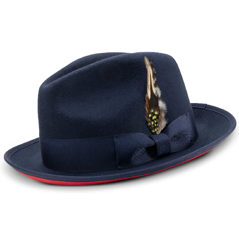 Ambley Collection: Montique Navy Matching Grosgrain Ribbon 2 3/8" Brim Red Bottom Wool Felt Dress Hat
