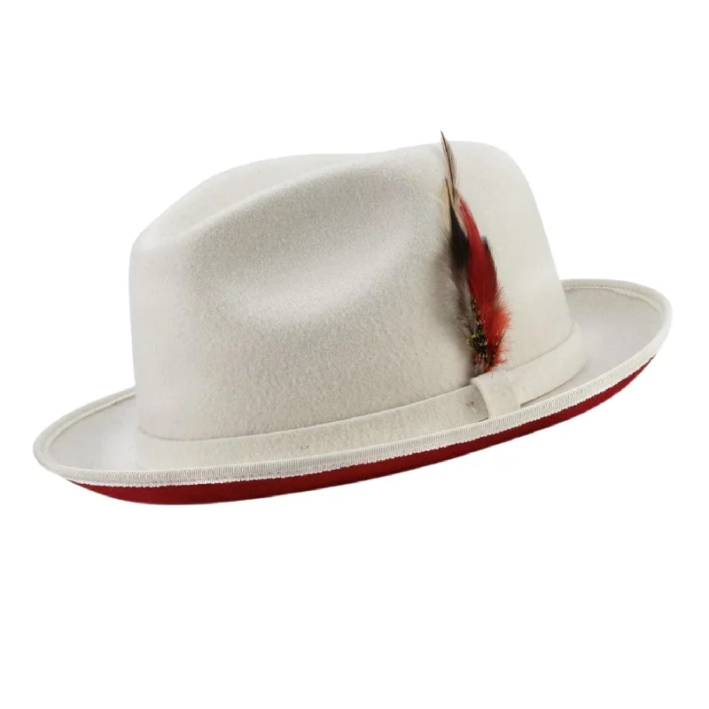 Vintage Vogue Collection: White Small Felt Band 2 ¼" Brim Red Bottom Wool Felt Dress Hat