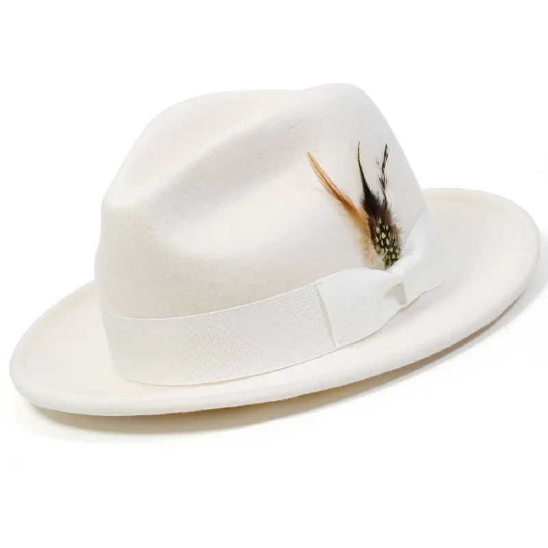 Twilique Collection: Montique White Lightfelt 2 ½" Wide Brim Wool Felt Pinch Hat