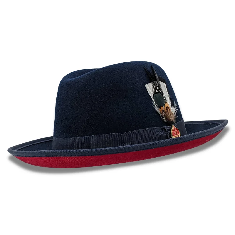 Groovify Collection: Montique Navy 2 3/4" Brim Red Bottom Wool Felt Dress Hat