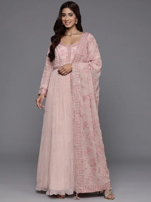 Libas Art Peach Embroidered Georgette Anarkali Suit With Dupatta