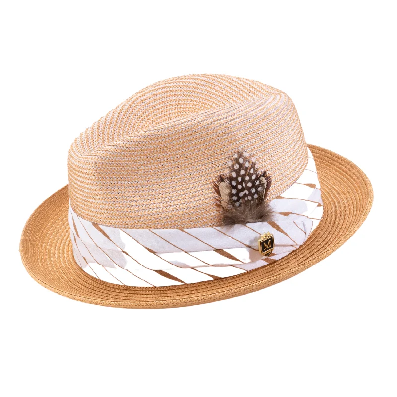 Montique Cognac 2" Brim Pinch Braided Fedora With Matching Plaid Ribbon Hat H-2303