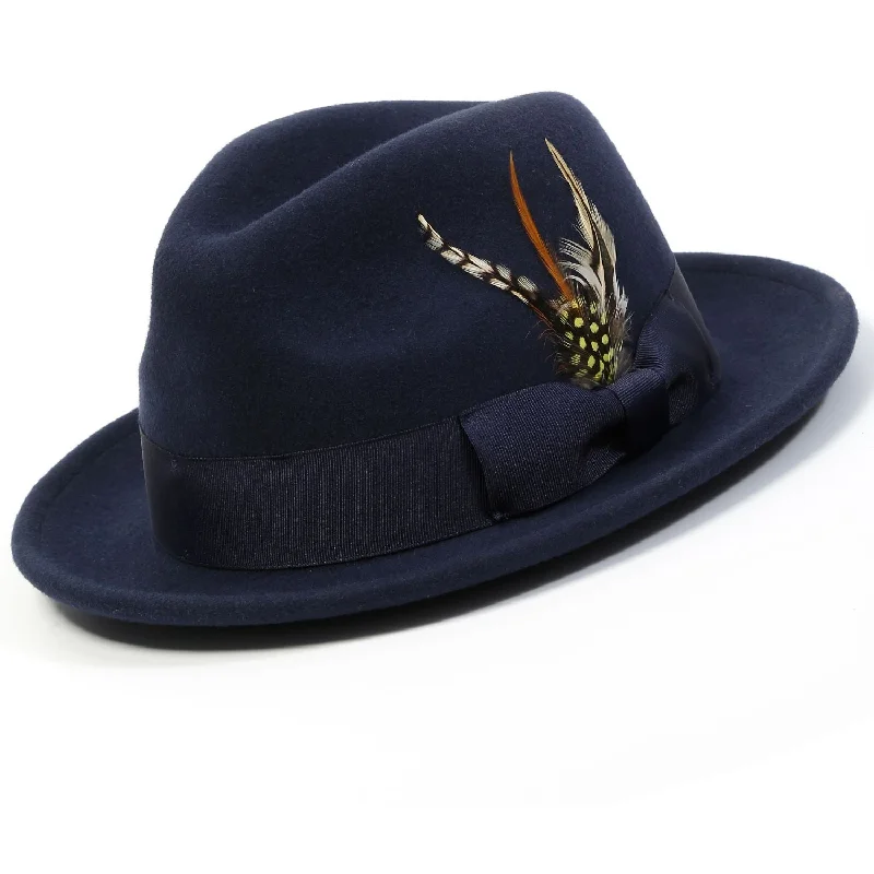 Diamondeo Collection: Montique Men's Navy 2" Snap Brim Crushable Felt Wool Fedora Hat