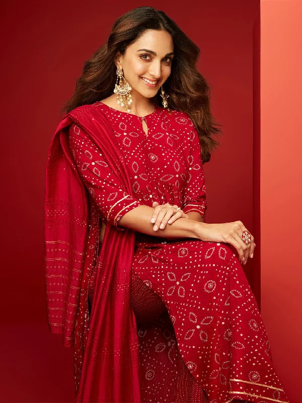 Zainab Red Printed Rayon A-Line Kurta With Palazzos & Dupatta