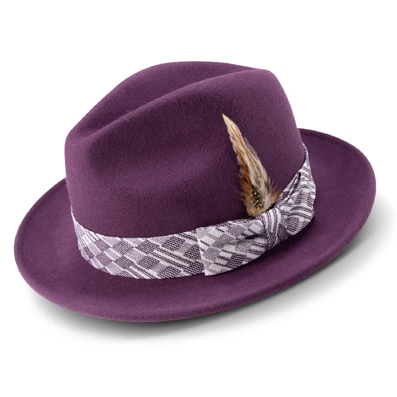 Montique Plum 2 ½" Brim Wool Pinch Fedora With Matching Ribbon Hat H2357