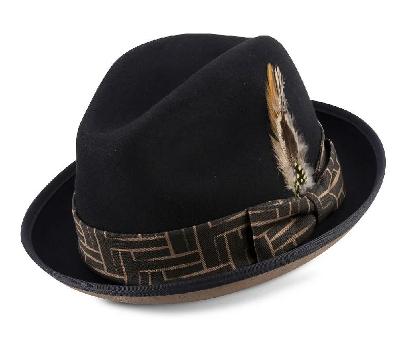 Montique Khaki Bottom 2" Brim Matching Band Black Wool Felt Dress Hat H-2177