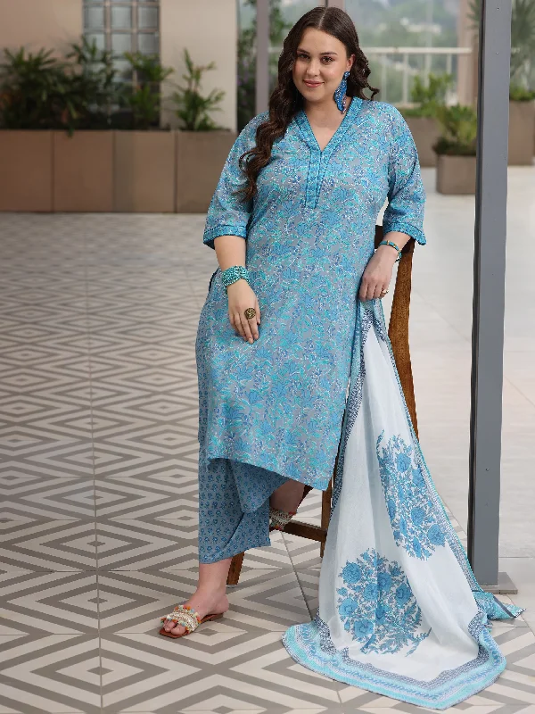 Plus Size Blue Printed Cotton Straight Suit With Dupatta