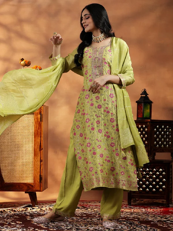 Green Woven Design Silk Blend Straight Suit With Dupatta