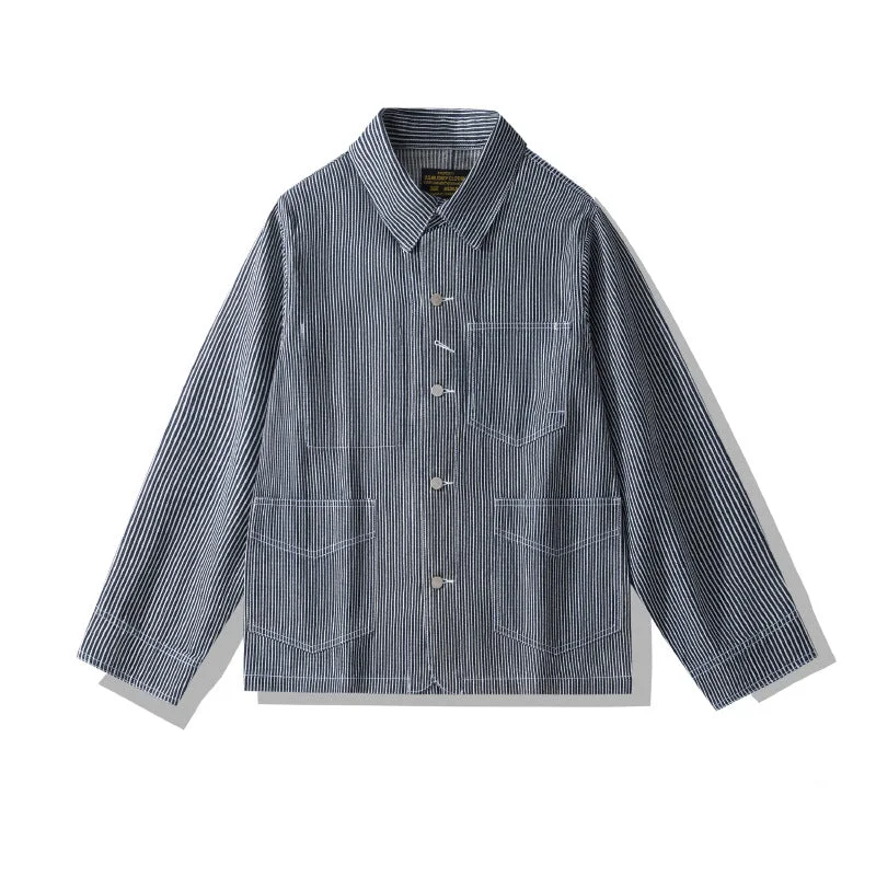 Men's Jeans with Fashionable RipsMen's Tooling Jacket Striped Denim Multi-Pocket Jacket