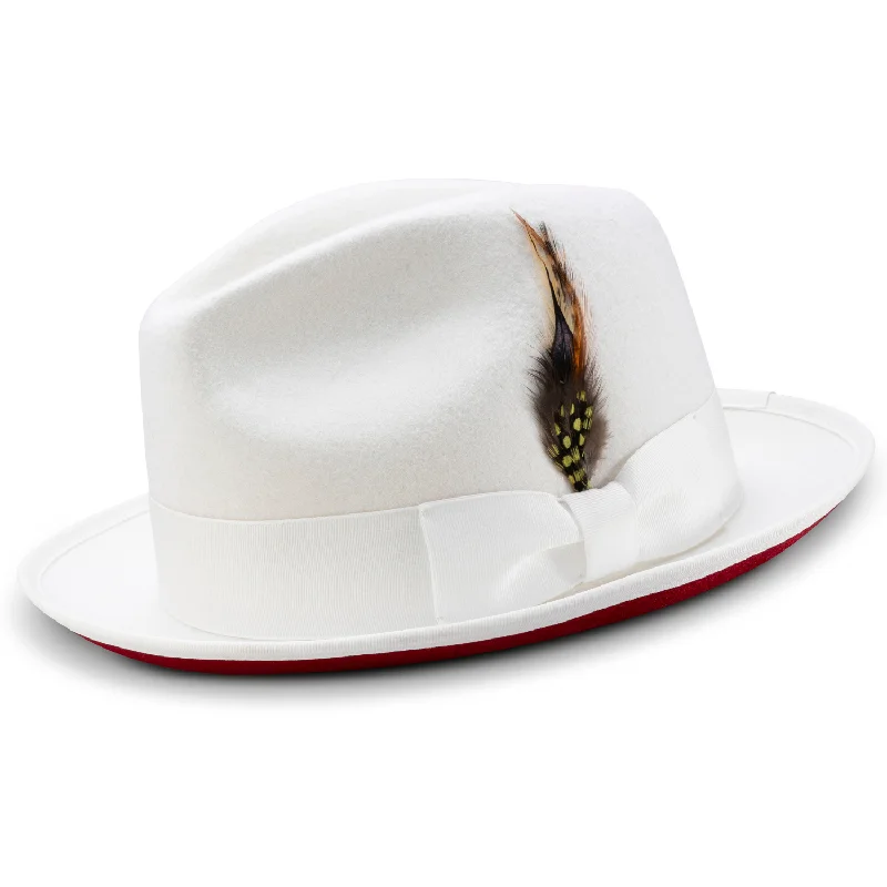 Ambley Collection: Montique White Matching Grosgrain Ribbon 2 3/8" Brim Red Bottom Wool Felt Dress Hat