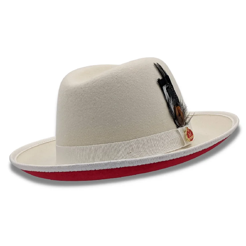 Groovify Collection: Montique White 2 3/4" Brim Red Bottom Wool Felt Dress Hat