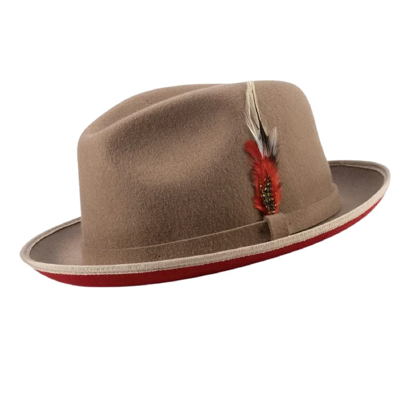 Vintage Vogue Collection: Tan Small Felt Band 2 ¼" Brim Red Bottom Wool Felt Dress Hat