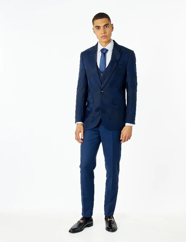 NAVY BLUE GEO PATTERN DETAILED 3 PIECE SUIT