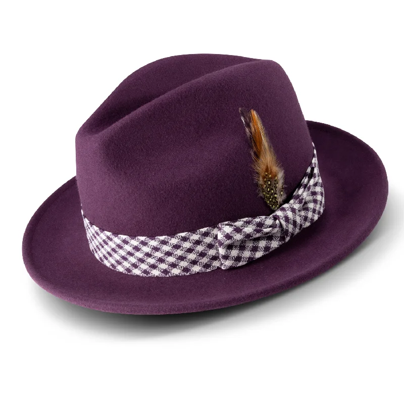 Montique Plum 2 ½" Brim Wool Pinch Fedora With Matching Plaid Ribbon Hat H2367/86