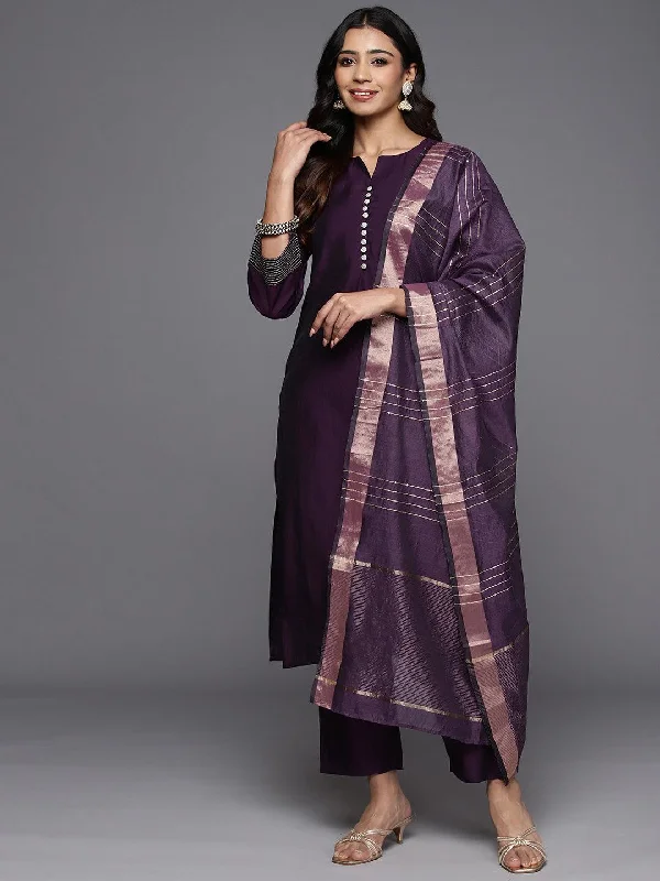 Purple Solid Silk Blend Straight Suit With Dupatta