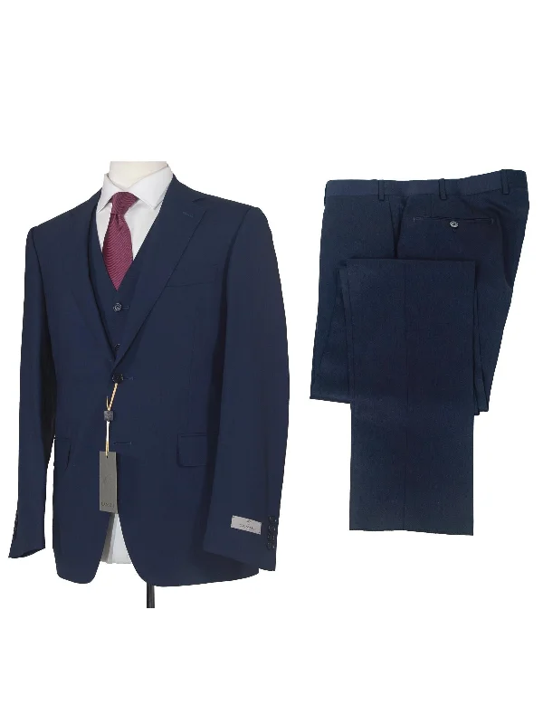 Canali Mens 44R Solid Navy Blue 100% Wool Slim Fit 3 Piece Suit