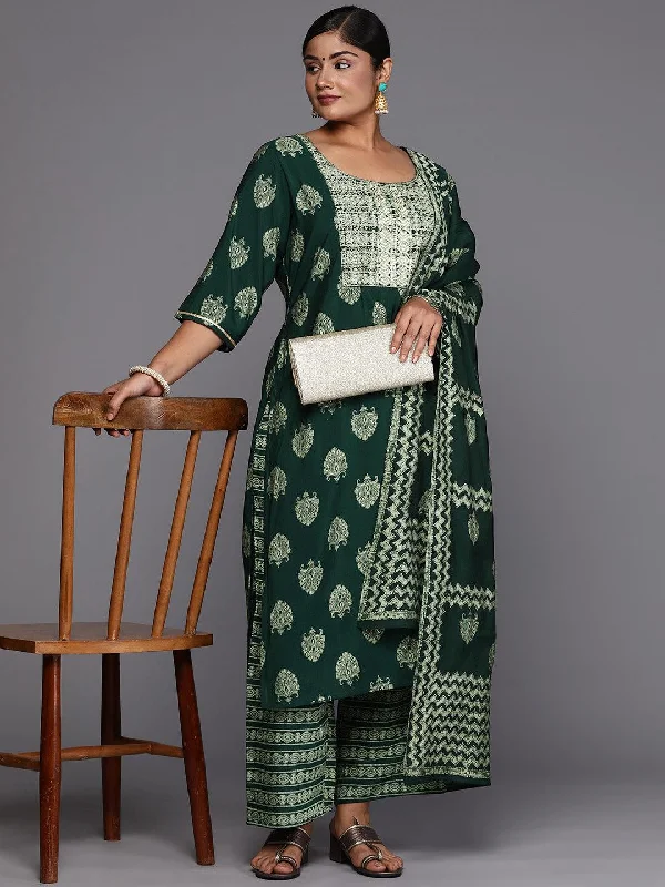 Plus Size Green Printed Silk Blend Straight Suit With Dupatta