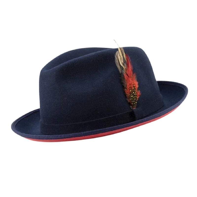 Vintage Vogue Collection: Navy Small Felt Band 2 ¼" Brim Red Bottom Wool Felt Dress Hat