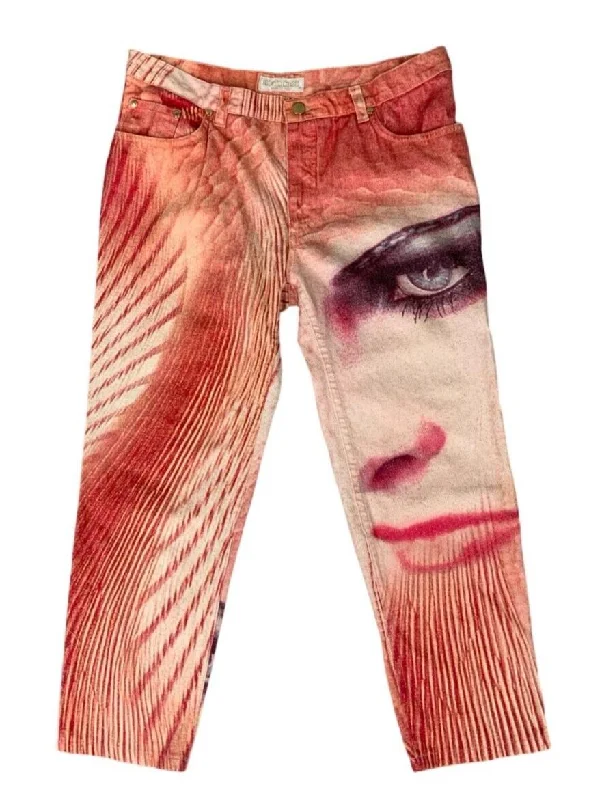 Comfortable Men's JeansVTG Y2K 2001 ROBERTO CAVALLI RUNWAY LIZ TAYLOR FACE PRINT CROPPED JEANS M 12 14