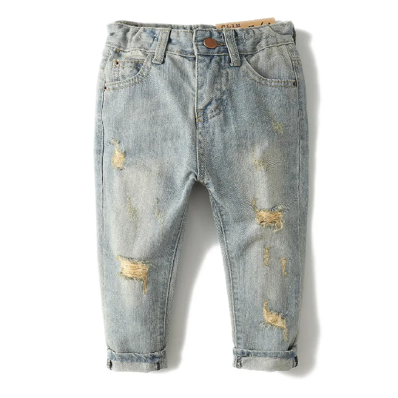 Men's Straight-Leg Jeans in Dark WashKids Jeans Elastic Band Inside Ripped Denim Pants
