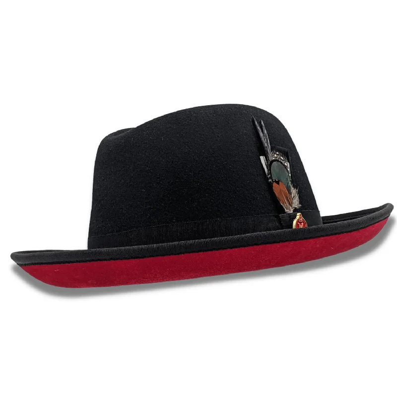Groovify Collection: Montique Black 2 3/4" Brim Red Bottom Wool Felt Dress Hat