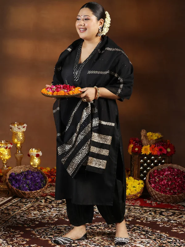 Plus Size Black Solid Cotton Blend Straight Suit With Dupatta