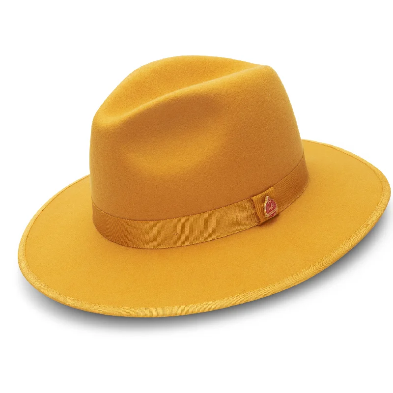 Modernique Collection: Montique Gold 3 1/8" Brim Red Bottom Wool Felt Dress Hat