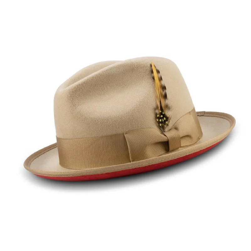 Ambley Collection: Montique Beige Matching Grosgrain Ribbon 2 3/8" Brim Red Bottom Wool Felt Dress Hat