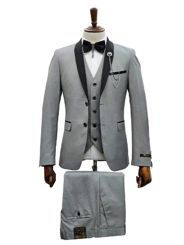 2 Button Silver Slim Fit Suit with Black Shawl Lapel FF2SSX+V-1230