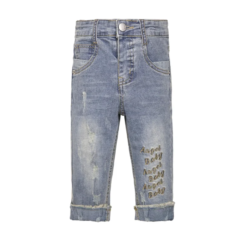 Dark Wash Men's JeansBaby Girl Boy Jeans, Elastic Band Inside with D-Rings Ripped Pants
