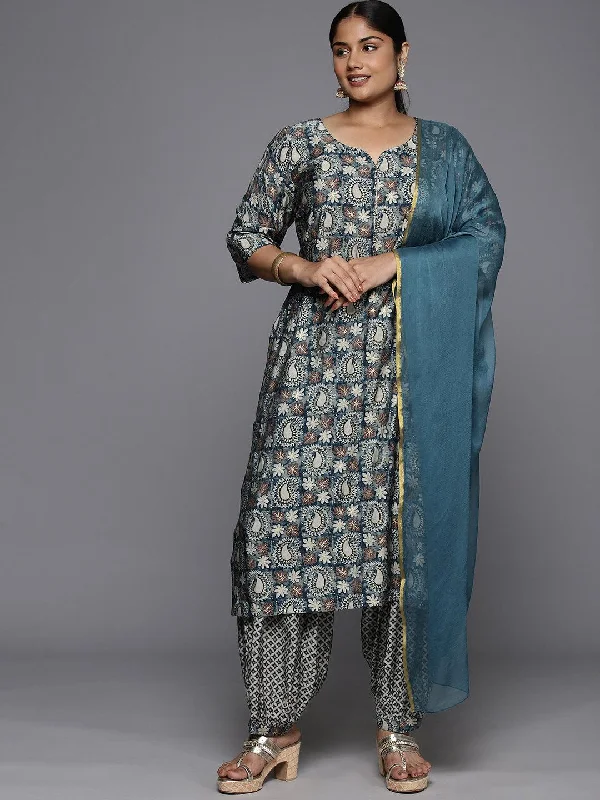 Plus Size Blue Printed Silk Blend Straight Suit With Dupatta