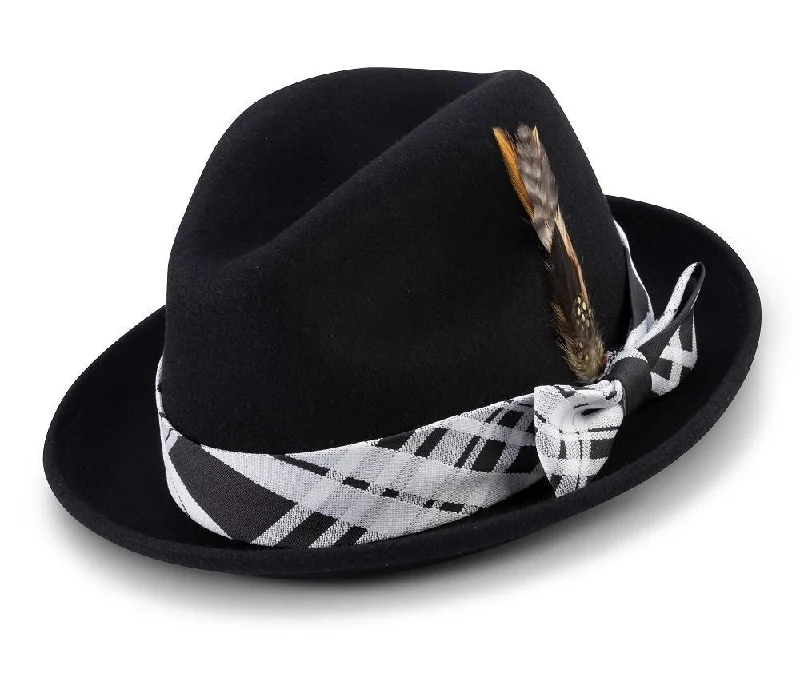Montique Black 2" Brim Matching Plaid Ribbon Wool Felt Dress Hat H-2136