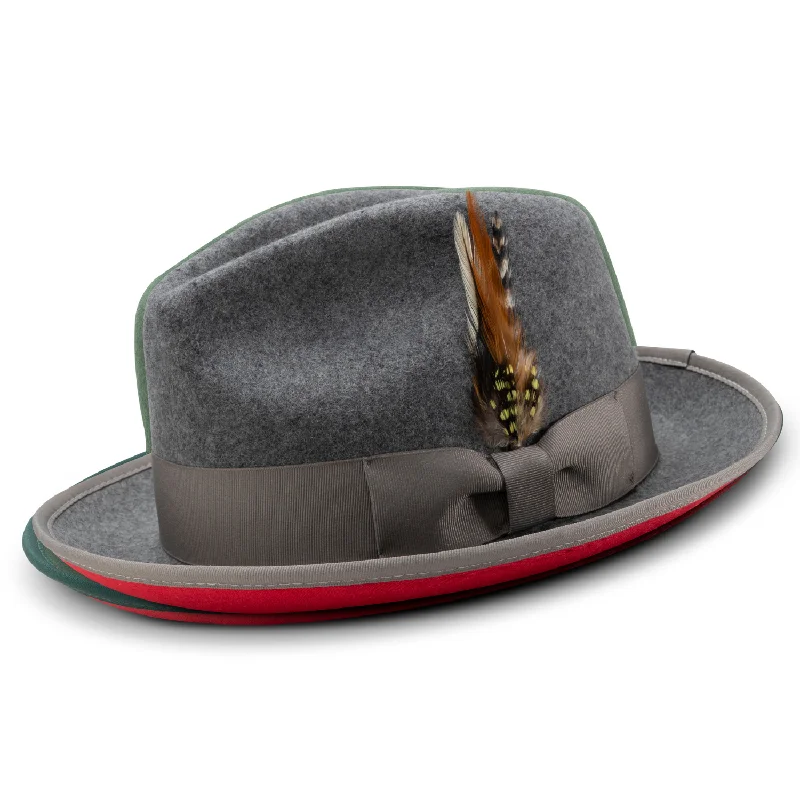 Ambley Collection: Montique Grey Matching Grosgrain Ribbon 2 3/8" Brim Red Bottom Wool Felt Dress Hat
