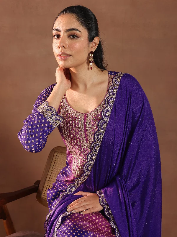 Purple Printed Silk Blend Straight Suit With Dupatta