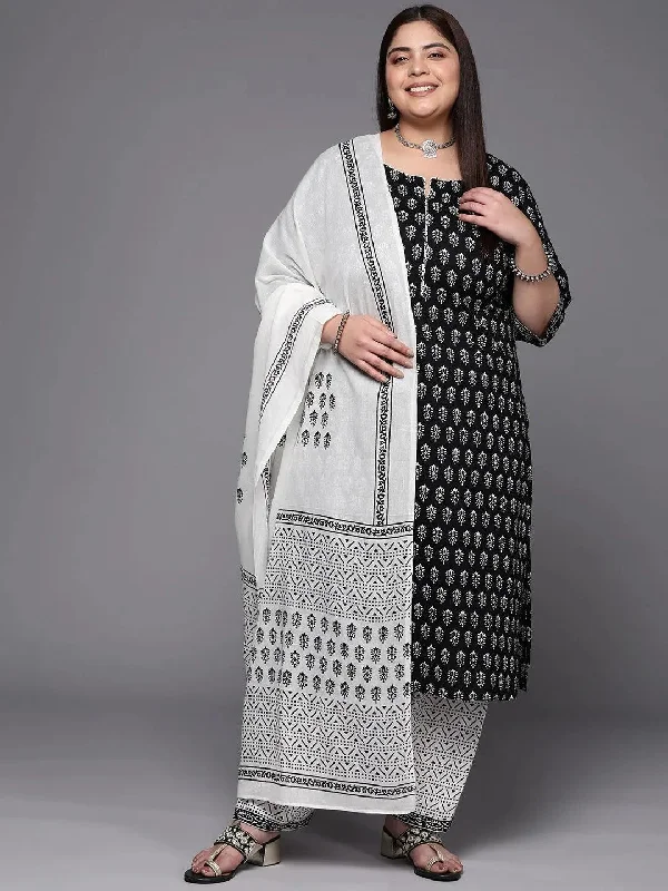 Plus Size Black Printed Cotton Straight Kurta With Salwar & Dupatta