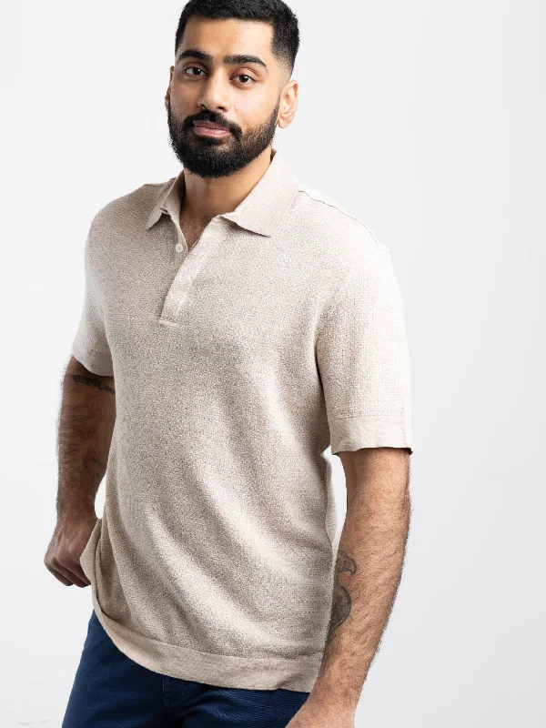 Men's Solid-Color Button-Down Shirts for VersatilityBeige Cotton-Linen-Silk Polo Shirt