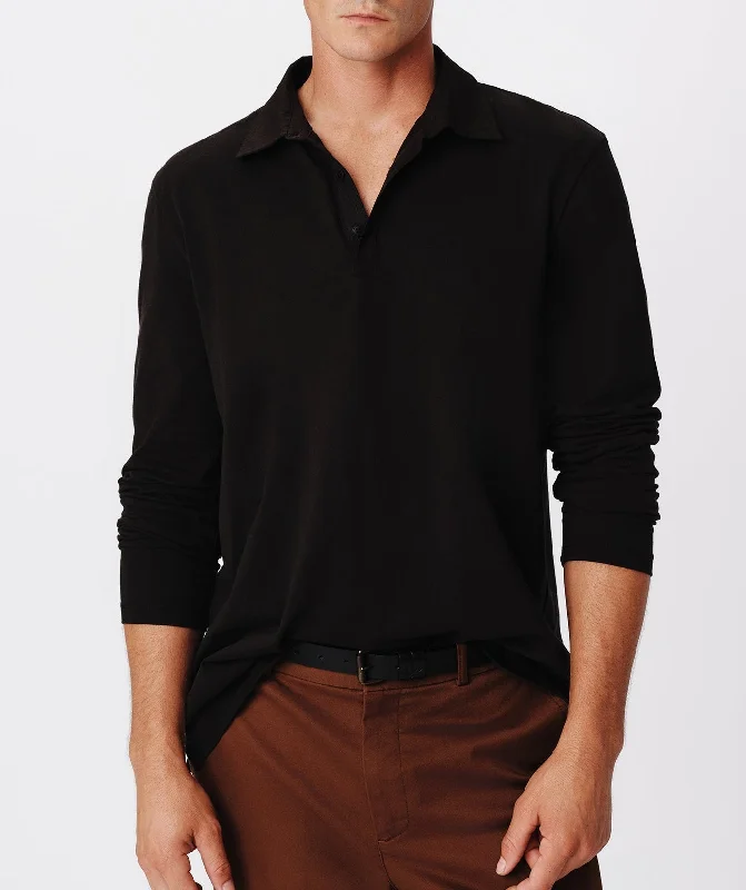 Men's Shirts with Zippered PocketsHeavyweight Jersey Seamed Long Sleeve Polo - Black